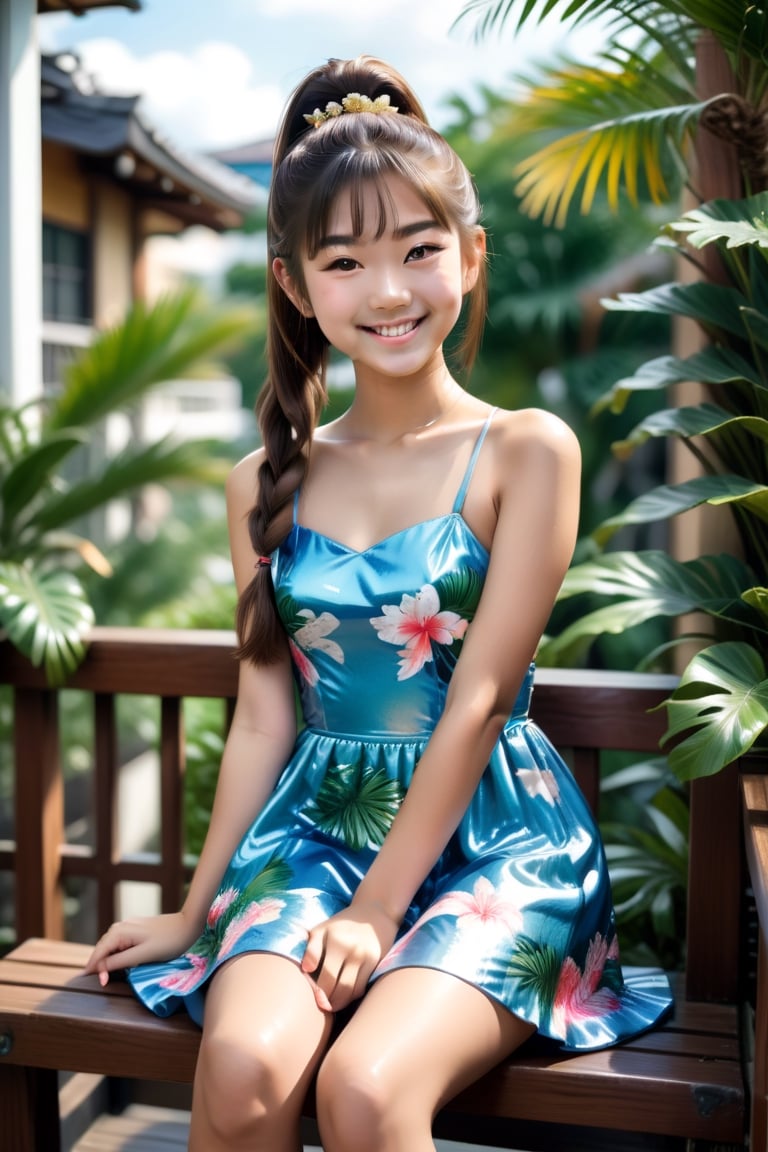 ultra realistic photography , gorgeous beautiful smiling Japanese teenage girl with tall ponytail wearing lovely shiny summer dress sitting on bench in a tropical balcony and looking at the camera