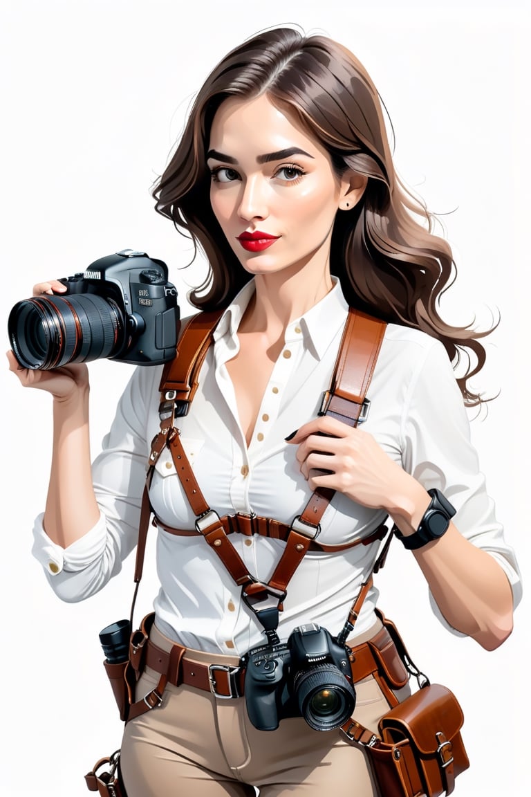 
create an illustration of a professional woman photographer full motivated holding camera in hand and work, the leather camera harness for two cameras is clearly visible on it, white background