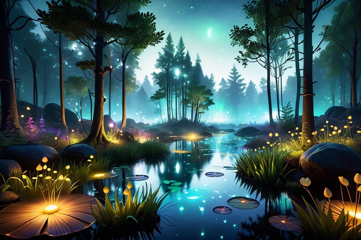 Enchanted Forest Clearing - Whimsical night, bioluminescent plants and creatures, a glowing pond in the center with ethereal mist, fireflies creating light trails, high fantasy, ultra-realistic textures, ray tracing illumination, ambient occlusion, depth of field, wide angle lens perspective