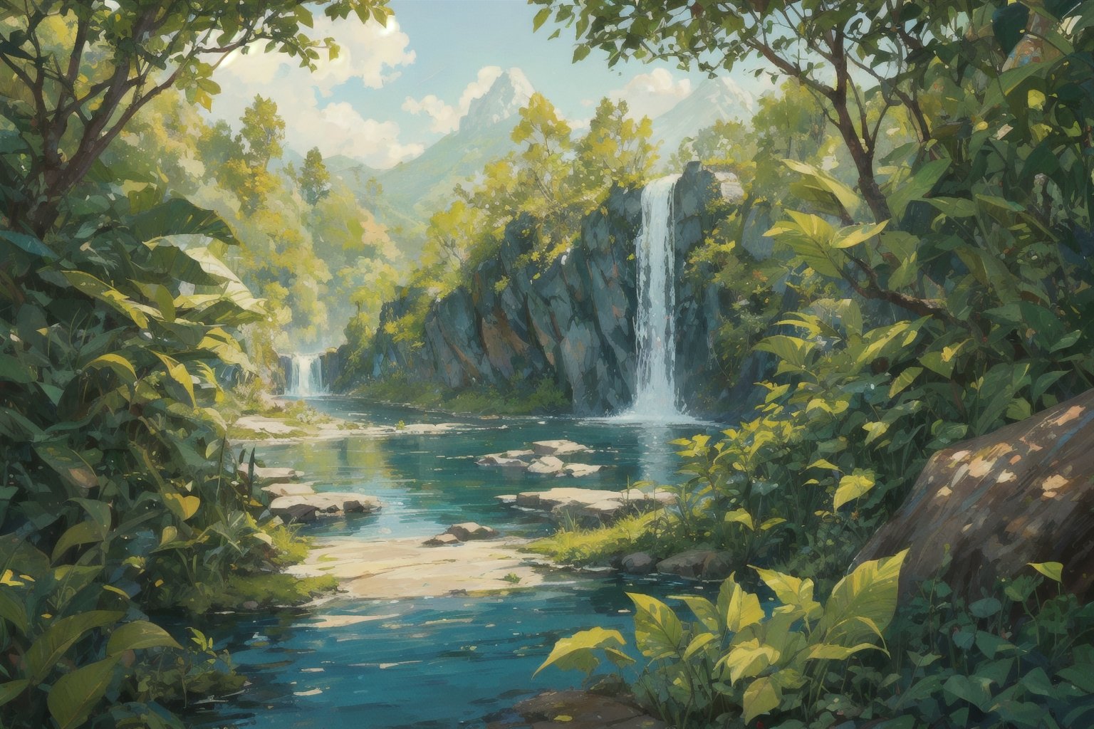waterfall, rainforest, wooden walkway, lake(best quality,Masterpiece,EpicArt,xjrex,(best quality