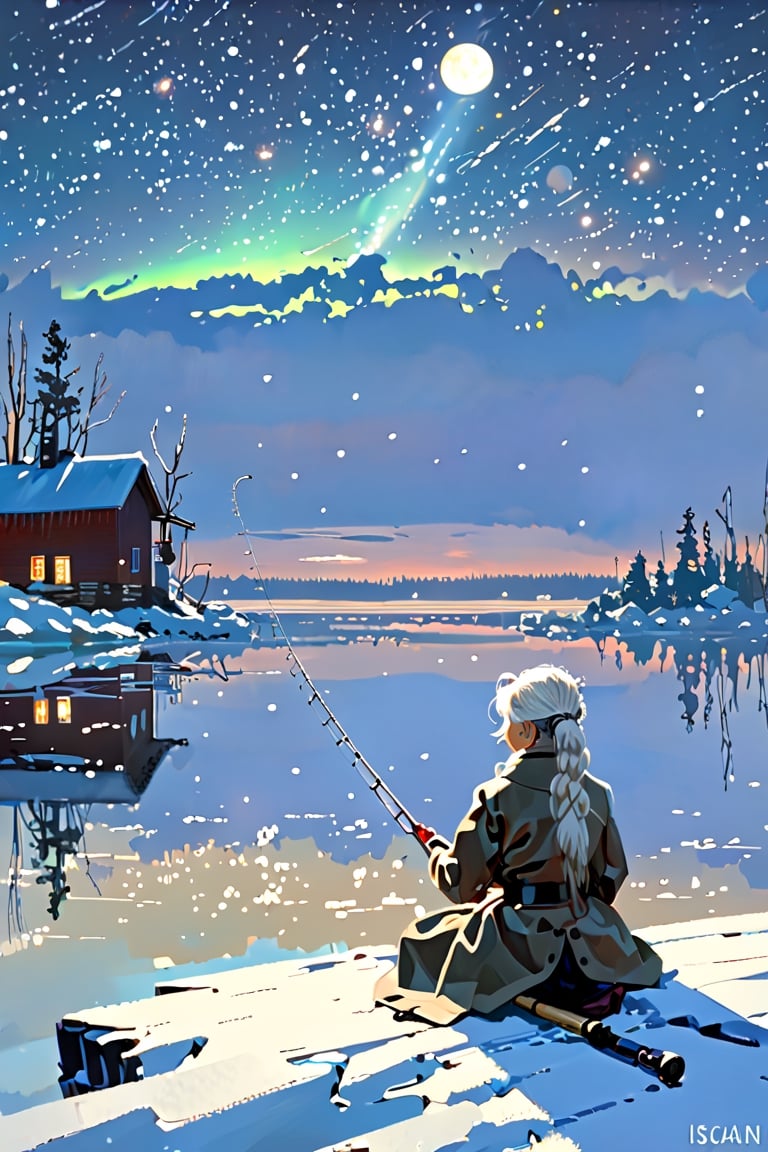 (Best quality, ultra detailed, masterpiece), (isac levitan:1.3), (from behind, 1girl, ponytail, white hair), (winter outfit, intricate design), (sitting, holding fishing rod), (winter theme), (night, stars, moon, cloud, snow, fish, lake, aurora:1.5, scenery, water reflection, outside)