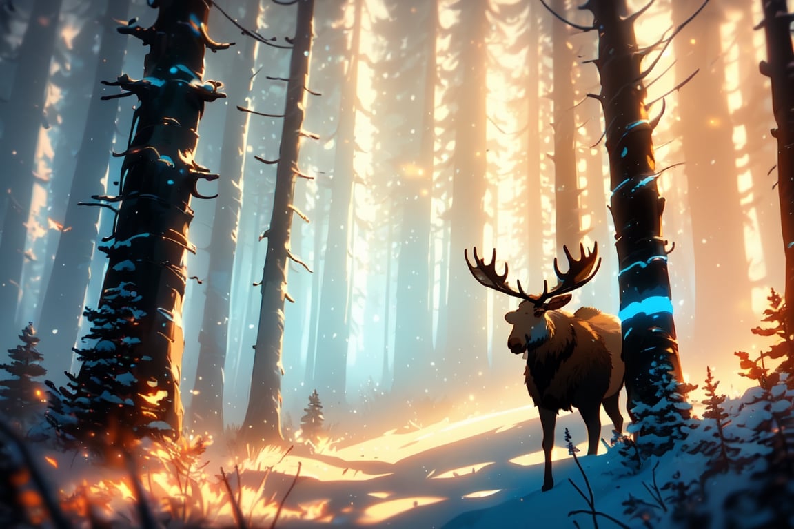 style of Anato Finnstark, a beautiful landscape of a Moose, outdoor, thematic background, neon, glow, fluttering symbols, | depth of field, bokeh, | smooth detailed shadows, hyperealistic shadows, (saturated color) | ,(unreal engine, pixar style), (3d model)