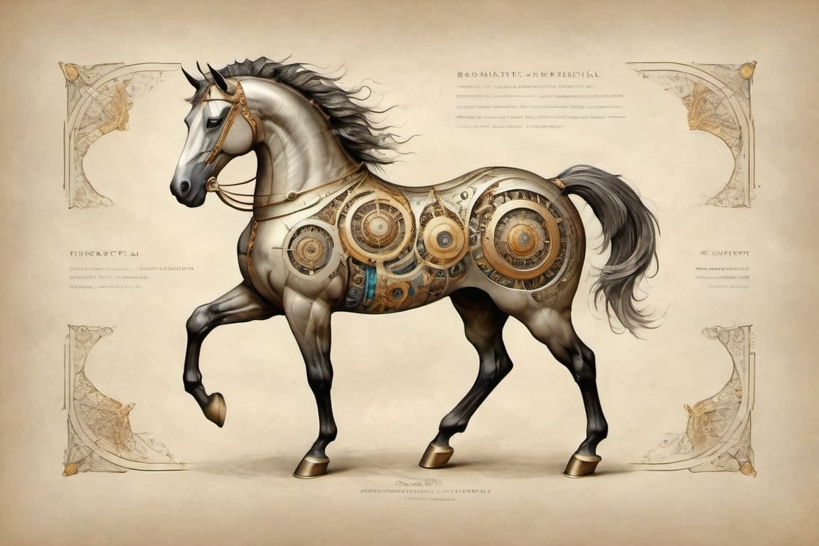 Create an image of a mascot that draws inspiration from a biomechanical horse, featuring a fusion of organic and metallic components, emit mesmerizing fractal designs. Bright background, Elegant, sophisticated, intricate line work, ornate details, muted color scheme. Art and mathematics fusion, hyper detailed, trending at artstation, sharp focus, studio photography, intricate detail, highly detailed, centered, perfect symmetrical, plain design,tshirt design,8k,high_resolution,on parchment,p1c4ss0