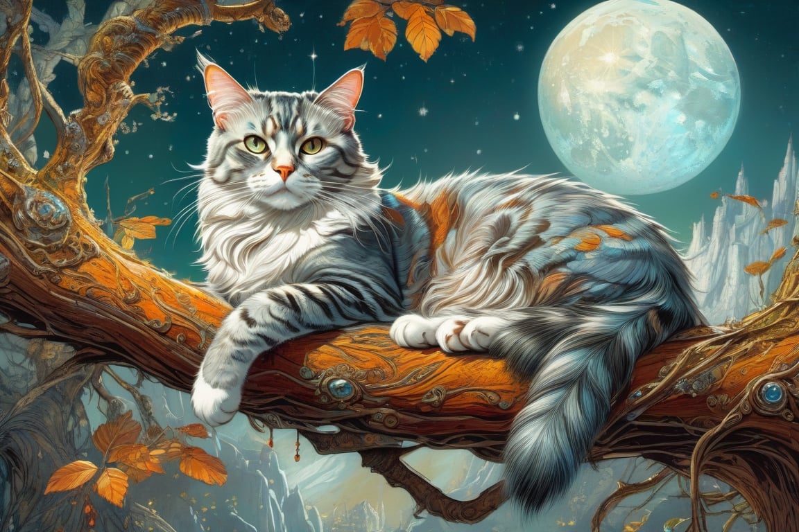 Detailed illustration of a regal cat laying on a branch, very highly detailed, intricate, magnificent, fantasy art by Android Jones, Gil Elvgren, Carne Griffiths, Victo Ngai, Amanda Clark; Silver moonscape, fantasy concept art, 8k resolution, hyperdetailed matte painting