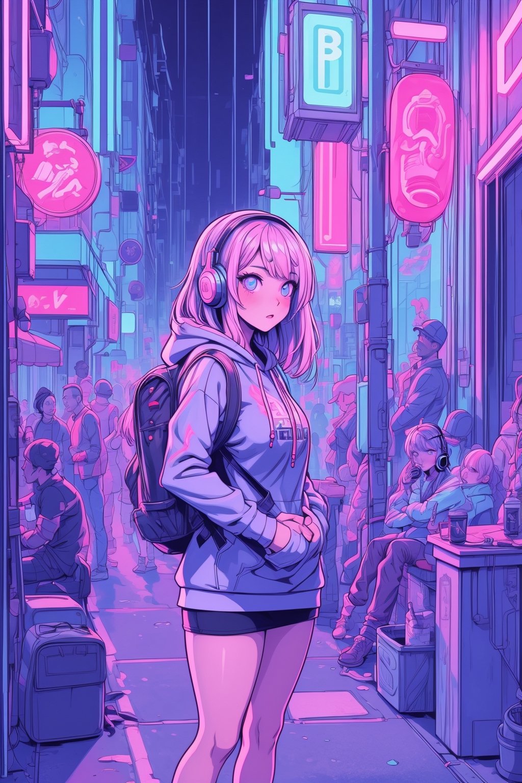 Dreampolis, hyper-detailed digital illustration, cyberpunk, single girl with techsuite hoodie and headphones in the street, neon lights, lighting bar, city, cyberpunk city, film still, backpack, in megapolis, pro-lighting, high-res, masterpiece