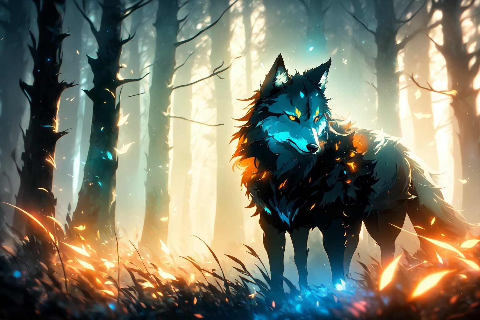 style of Anato Finnstark, a beautiful landscape of a wolf, outdoor, thematic background, neon, glow, fluttering symbols, | depth of field, bokeh, | smooth detailed shadows, hyperealistic shadows, (saturated color) | ,(unreal engine, pixar style), (3d model)