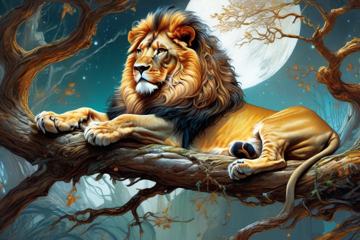 Detailed illustration of a regal lion laying on a branch, very highly detailed, intricate, magnificent, fantasy art by Android Jones, Gil Elvgren, Carne Griffiths, Victo Ngai, Amanda Clark; Silver moonscape, fantasy concept art, 8k resolution, hyperdetailed matte painting