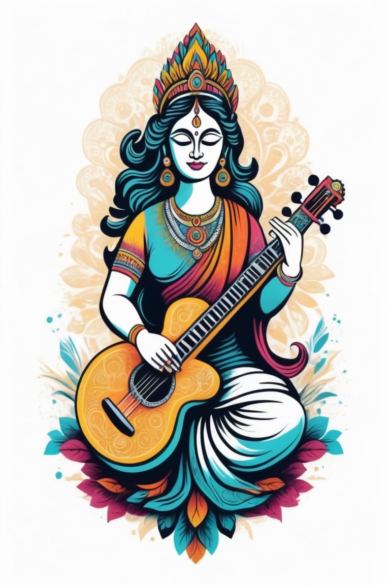 Vintage tshirt print design (on a white background:1.2), Retro Silhouette drawing of a indian saraswati idol from the front, with colors ink pop art blackground,delicate,filigram,centered,intricate details,high resolution,4k, illustration style,Leonardo Style