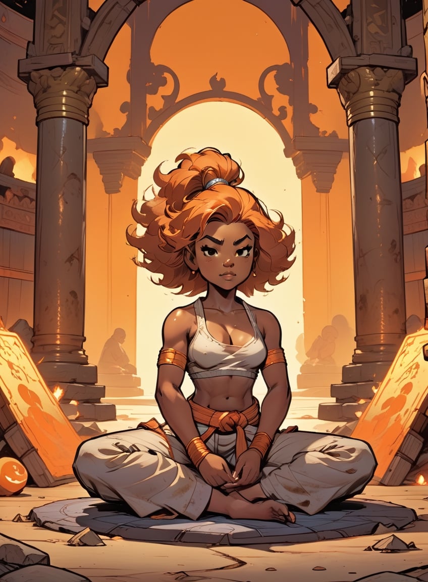 vintage comic book illustration, 1girl, a stocky fantasy martial artist meditating in a shrine, glowing battle aura, sitting with legs crossed, (eyes closed), wearing pants, (wearing a torn top), wild orange hair, (messy hair, big hair), thick eyebrows, ((curvy figure, strong, thicc)), (tan, dark skin), graphic illustration, comic art, graphic novel art, vibrant, highly detailed, ((dynamic angle, dutch angle, closeup shot)),Drawing of a little girl 