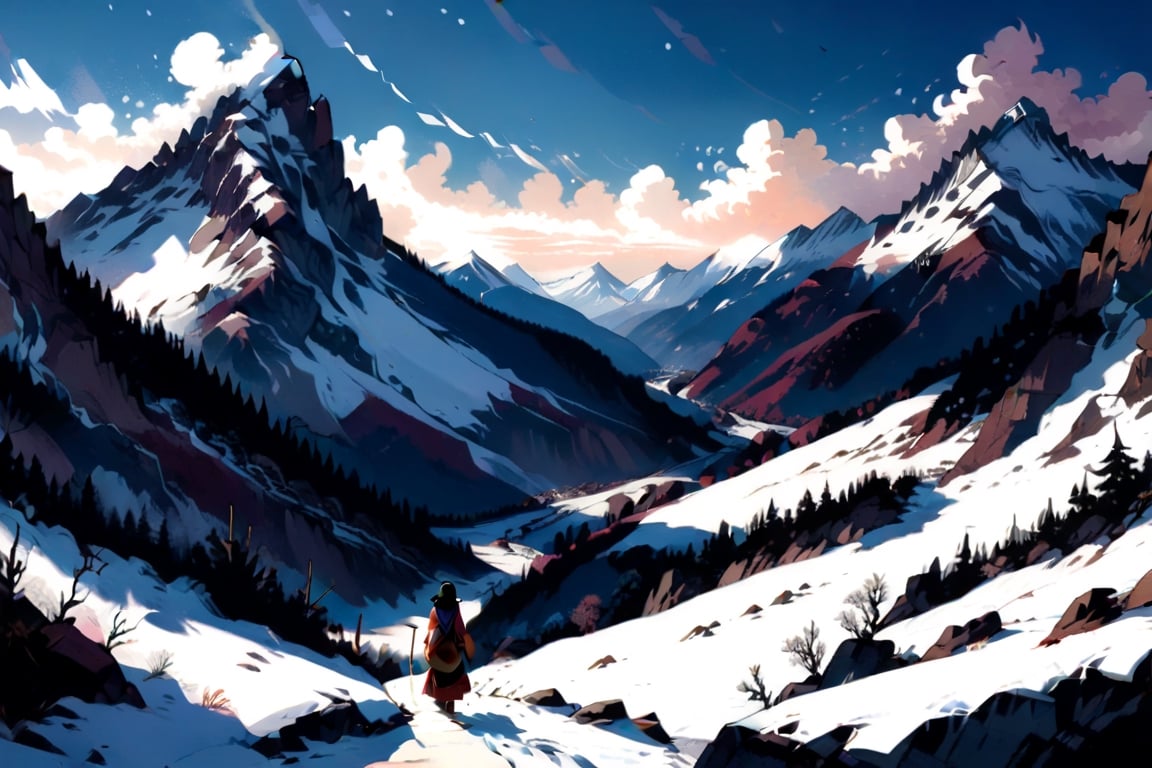 Mountain everst in snowy landscape, indian style, illustration style,chica anime 