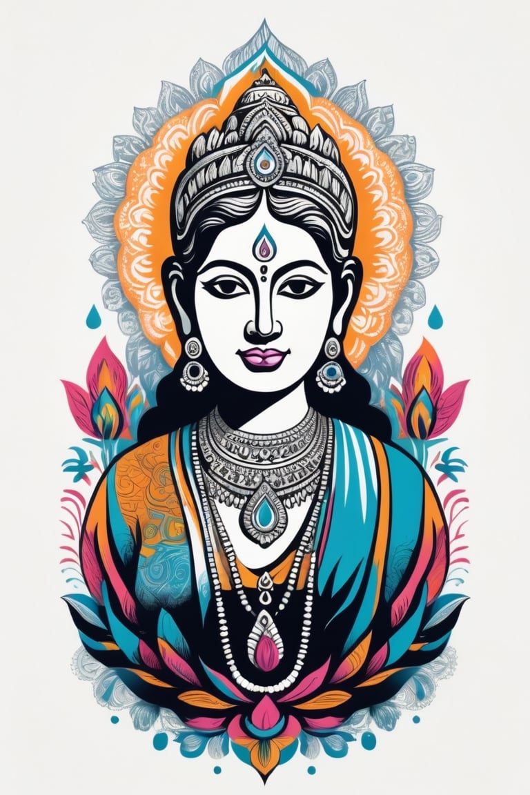 Vintage tshirt print design (on a white background:1.2), Retro Silhouette drawing of a indian Lakshmi idol from the front, with colors ink pop art blackground,delicate,filigram,centered,intricate details,high resolution,4k, illustration style,Leonardo Style