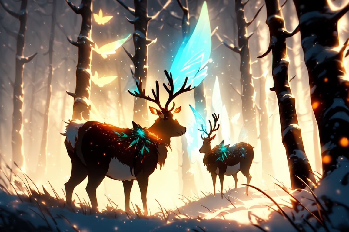 style of Anato Finnstark, a beautiful landscape of a Reindeer, outdoor, thematic background, neon, glow, fluttering symbols, | depth of field, bokeh, | smooth detailed shadows, hyperealistic shadows, (saturated color) | ,(unreal engine, pixar style), (3d model)