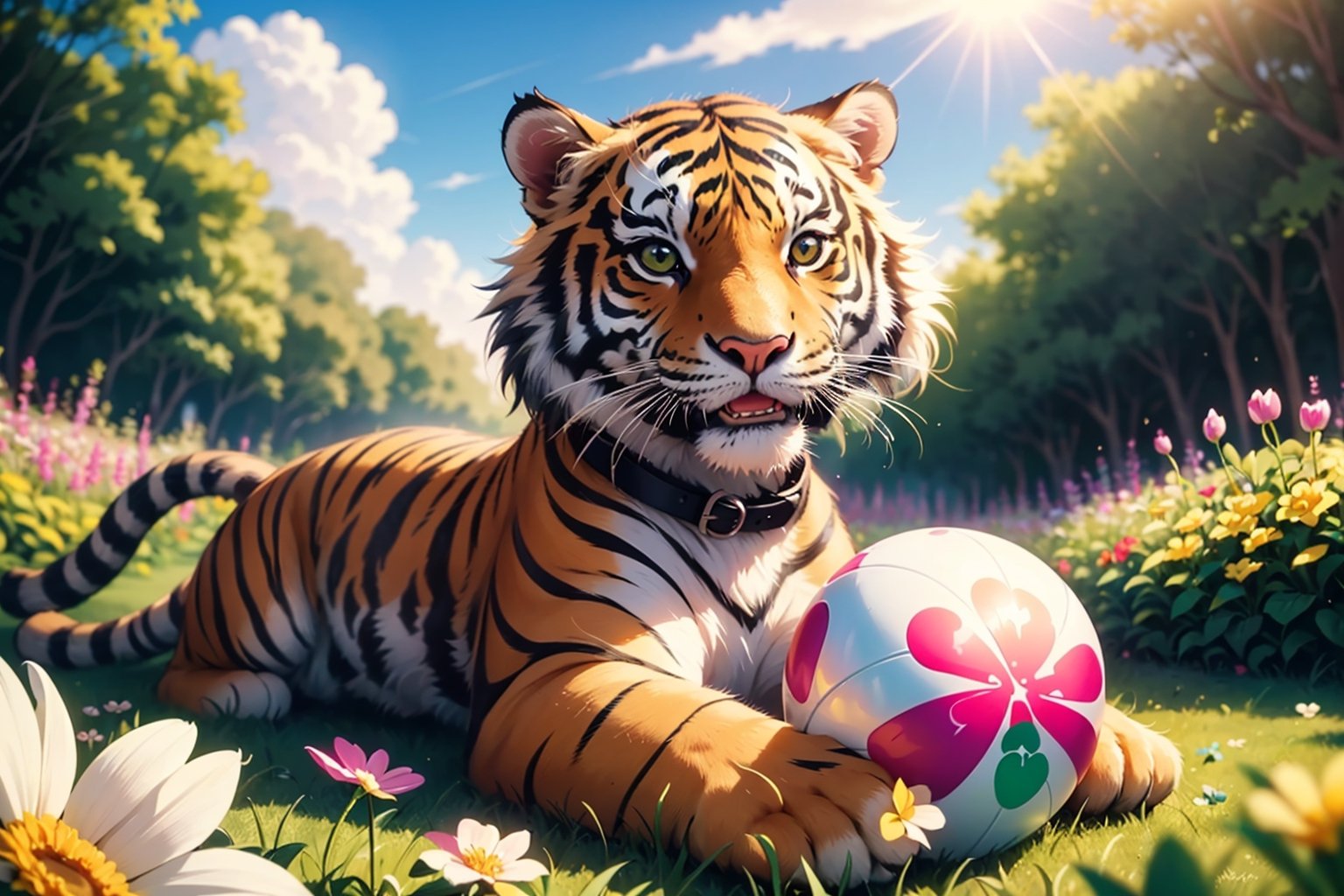 (A cute tiger) playing with a ball in a garden, surrounded by flowers. The kitten has a mischievous grin on its face and is wearing a small, colorful collar. The sun is shining brightly in the background. In the foreground, a (four-leaf clover) is visible, poking out from behind a bright pink flower.