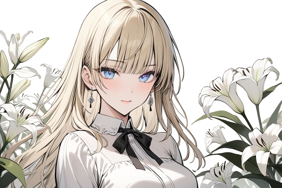 masterpiece, best quality, 1girl, solo, long hair, looking at viewer, bangs, blue eyes, blonde hair, shirt, bow, ribbon, jewelry, closed mouth, flower, earrings, blunt bangs, grey background, black ribbon, black bow, neck ribbon,  lily \(flower\), depth_of_field, ,1girl