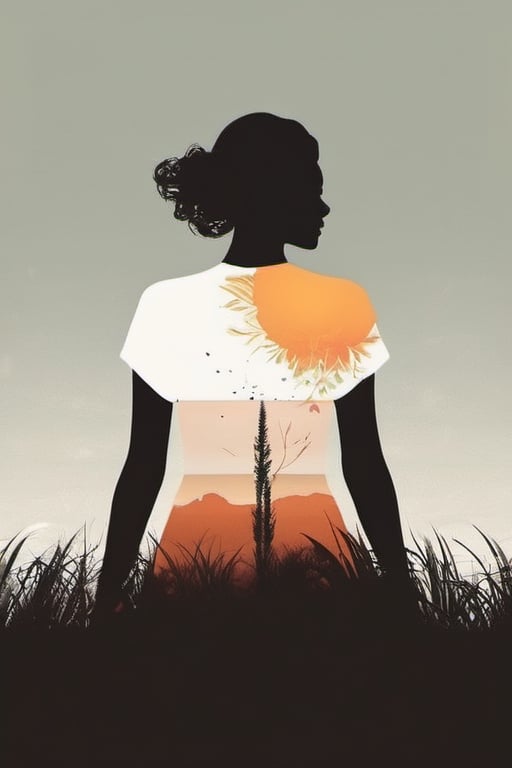 A minimalist, t-shirt design with a vintage twist, featuring a sleek and stylized unclad woman body silhouette against a faded, women body is painting about nature, awosome, bright.


