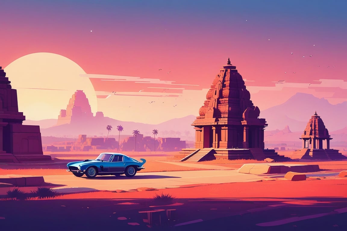 (by James Gilleard, (Andreas Rocha:1.15):1.05), cat, exotic car, Group of Monuments at Hampi, (side view:1.2), retro artstyle, award-winning, minimalist, simple, wide landscape, high contrast, highly detailed, intricate,