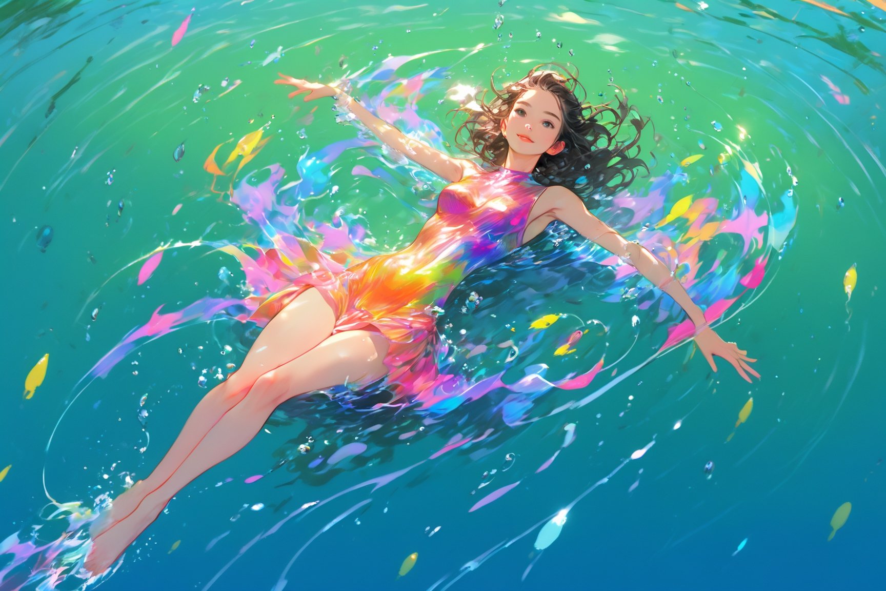 (masterpiece, best quality:1.4), (flat color:1.3), (colorful:1.35), looking at viewer, 1girl, (((solo))), floating in colorful water, (2D:1.25), perfect lighting, perfect shading, (realistic:1.2), (mature adult:1.35), dynamic pose, (detailed, intricate), beautiful, gorgeous stunning, cinematic, epic, (perfect body, perfect legs), (Photorealistic:1.5), (mature adult:1.4), centered, (sketch, illustration),niji style