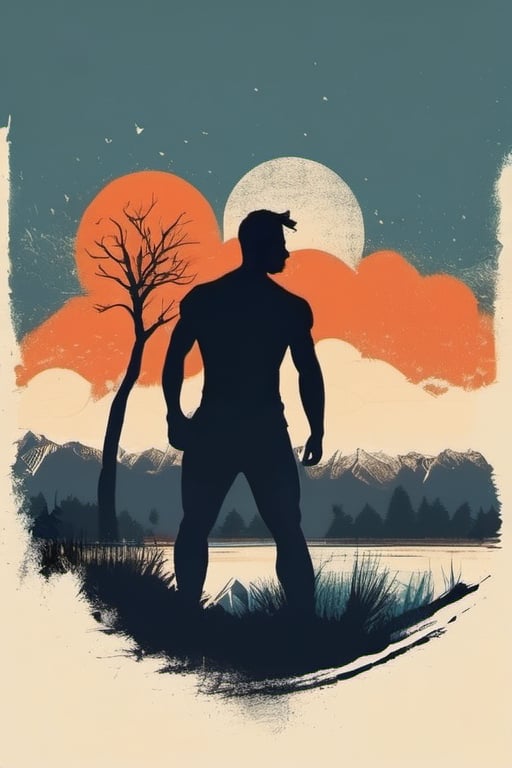 A minimalist, t-shirt design with a vintage twist, featuring a sleek and stylized unclad man body silhouette against a faded, women body is painting about nature, awosome, bright.


