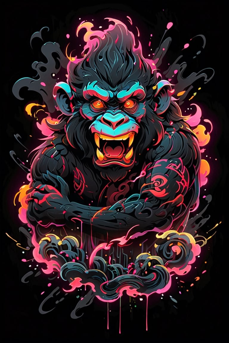 stamp vector for t-shirt, Monkey character, strong lines, lit neon palette, neo-traditional, badass, hipster, graffiti, underground, badass, noir