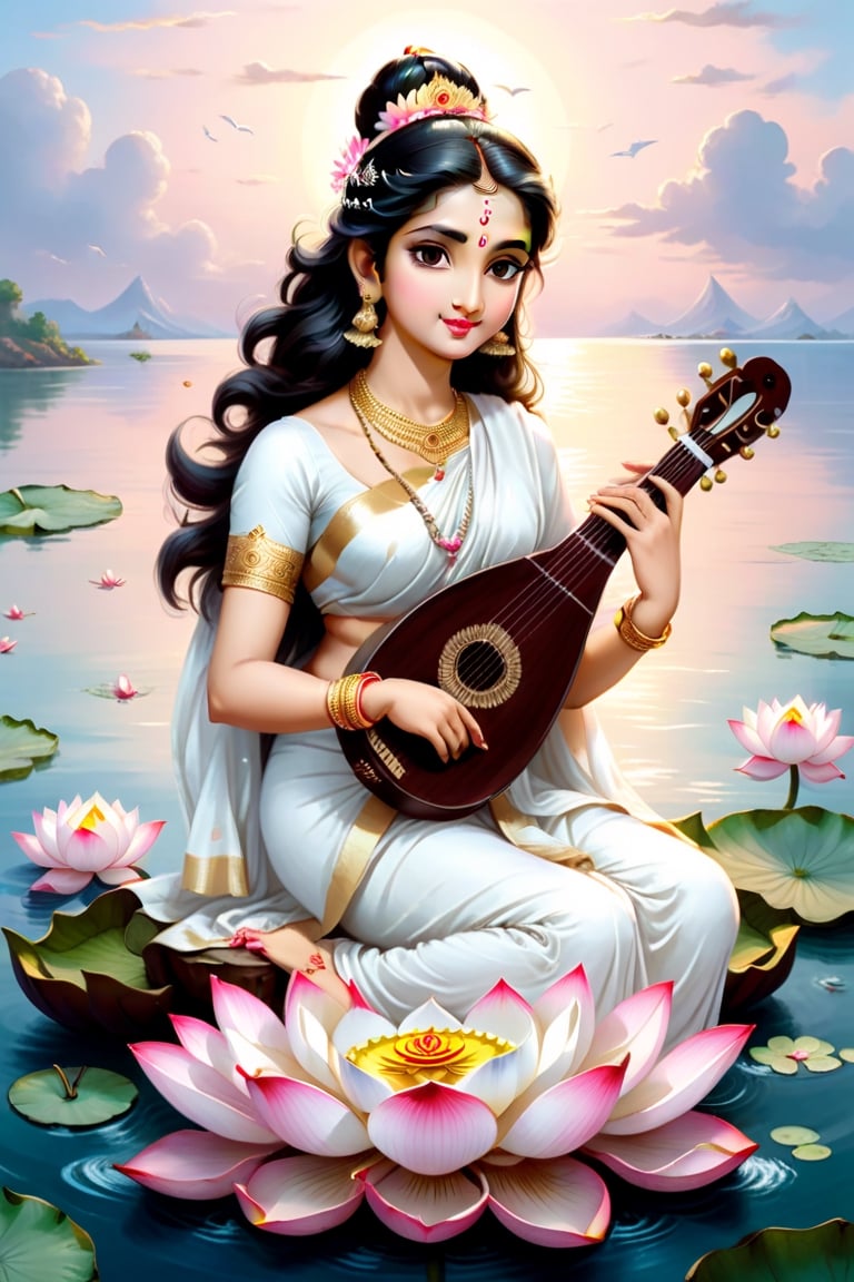 Saraswati maa holding veena on her hand and in white saree, sitting on the lotus flower in the middle of the sea and the sky is just like so classic, saraswati maa having cute eyes, jelly type pink lips, 