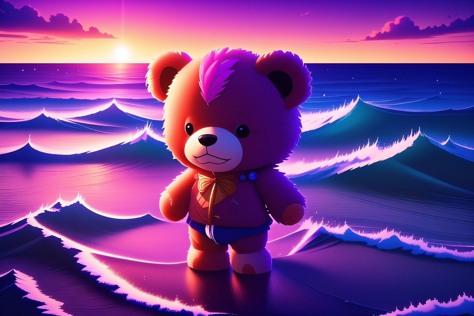 sharpen a very cute image of (a humble 3d teddy bear with shorts on looking afar) at the sunset at the stunning tropical beach
BREAK
vapourwave, oil painting style cg illustration rendered in multiple units creating an absurdres with the (best quality, high quality) majestic wallpaper 128k, go!,,<lora:659111690174031528:1.0>