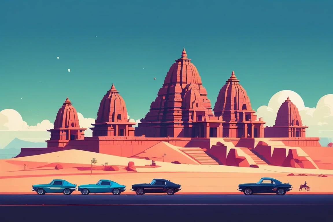 (by James Gilleard, (Andreas Rocha:1.15):1.05), cat, exotic car, Group of Monuments at Hampi, (side view:1.2), retro artstyle, award-winning, minimalist, simple, wide landscape, high contrast, highly detailed, intricate,