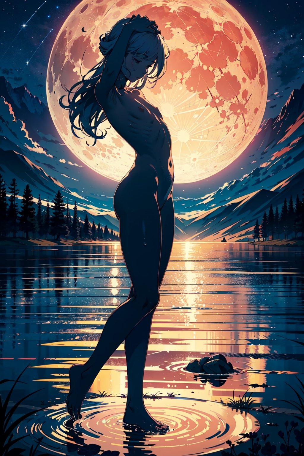 best quality, ultra detailed, 1Girl, solo, white hair, small girl, (long hair:1.2), (full body, head to toe), (silhouette, Silhouette art of a naked woman:1.4), Open stance, hands over head, (nude, best proportions, flat chest:1.3), (big moon), Backlighting, lakeside, water surface, water drops, fantastical, imaginative, visually rich, nostalgic, vivid, expansive, star night, moon night, 
