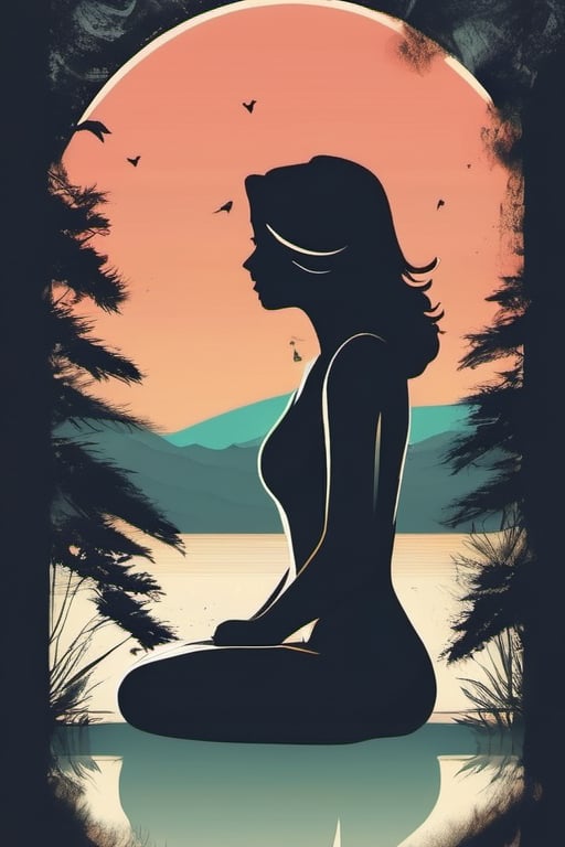 A minimalist, t-shirt design with a vintage twist, featuring a sleek and stylized unclad woman body silhouette against a faded, women body is painting about nature, awosome, bright.


