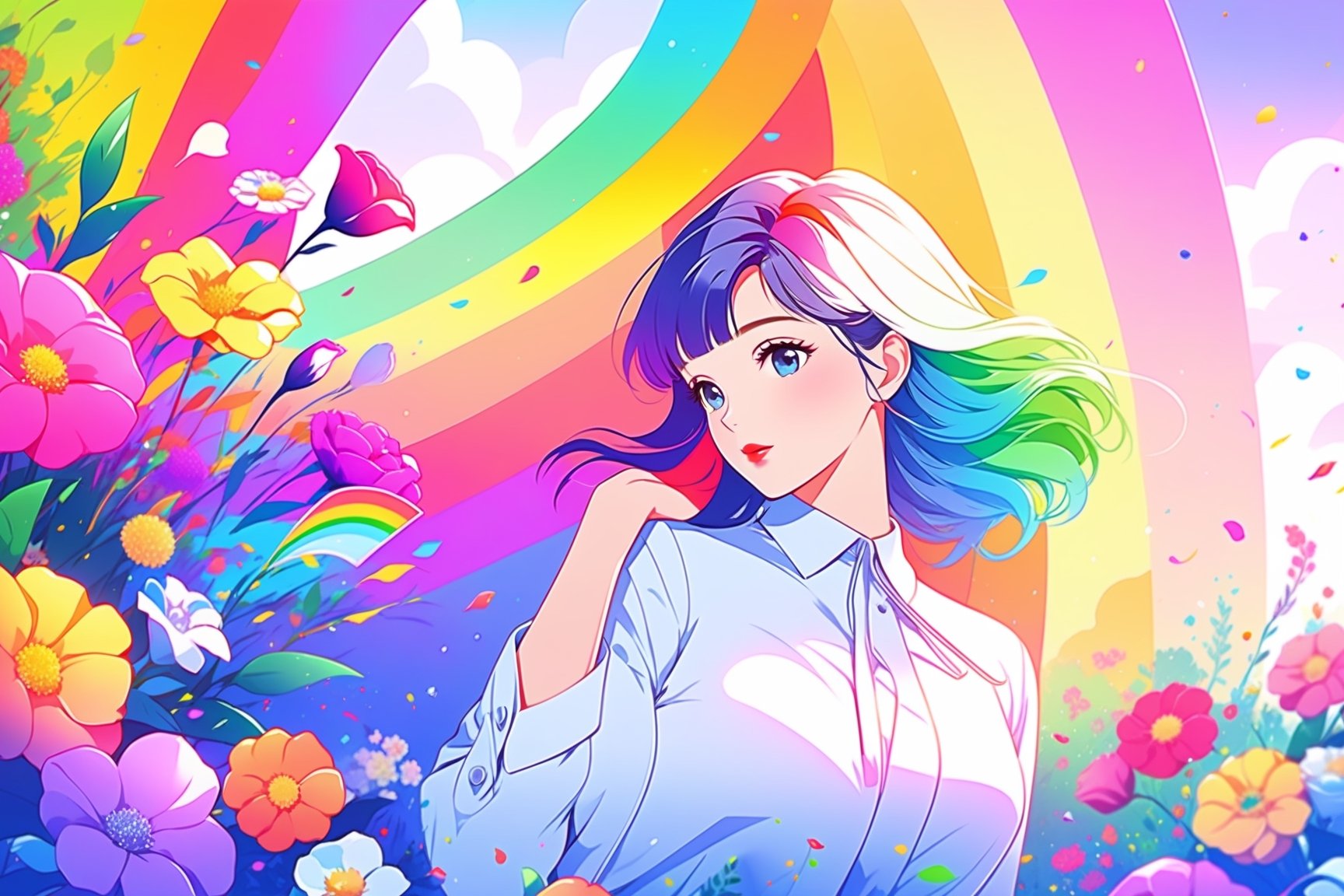 masterpiece, best quality, 1 girl, flowers, rainbow colour theme, floral background, nature, pose, perfect hands, modern outfit