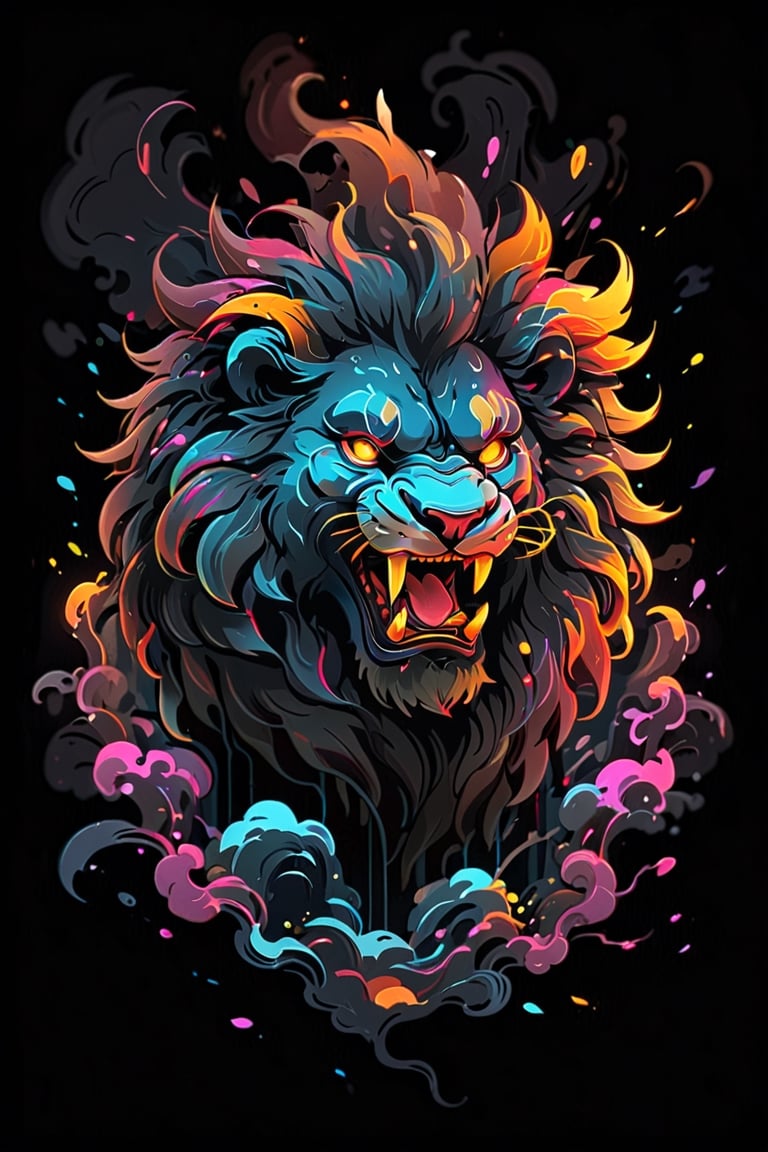 stamp vector for t-shirt, lion character, strong lines, lit neon palette, neo-traditional, badass, hipster, graffiti, underground, badass, noir