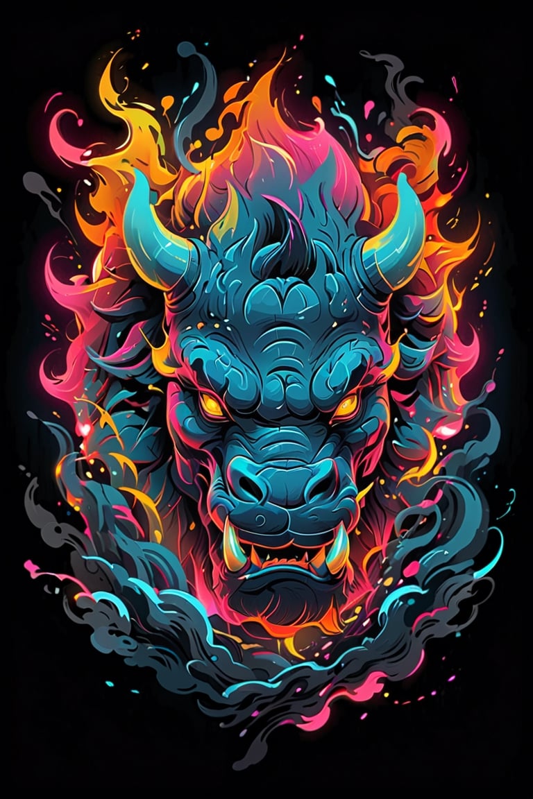 stamp vector for t-shirt, Rhinoceros character, strong lines, lit neon palette, neo-traditional, badass, hipster, graffiti, underground, badass, noir