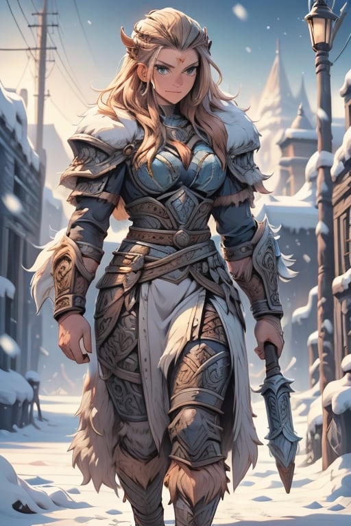 a woman viking  wearing divine  Viking  clothes, she walks in the snow , she holds her hammer in her right hand and her shield in the other hand 