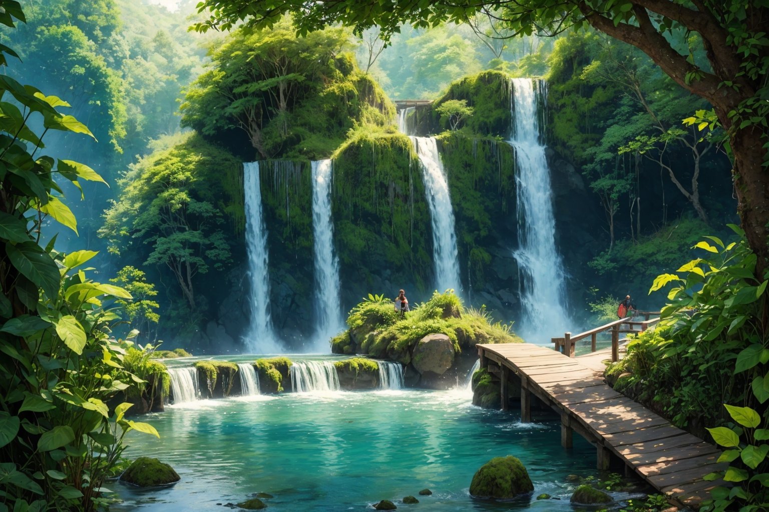 waterfall, rainforest, wooden walkway, lake(best quality,Masterpiece,EpicArt,xjrex,(best quality