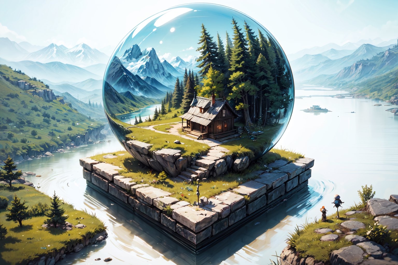 (best quality), (4k resolution), creative illustration of a miniature world on a white pedestal. The world is a green sphere with various natural and artificial elements. There is a river, trees, mountains, and a small house on the sphere. The image has a minimalist style with a light color palette that creates a contrast with the white background. The image gives a sense of wonder and curiosity about the tiny world and its inhabitants.,ff14bg,High detailed,Makeup