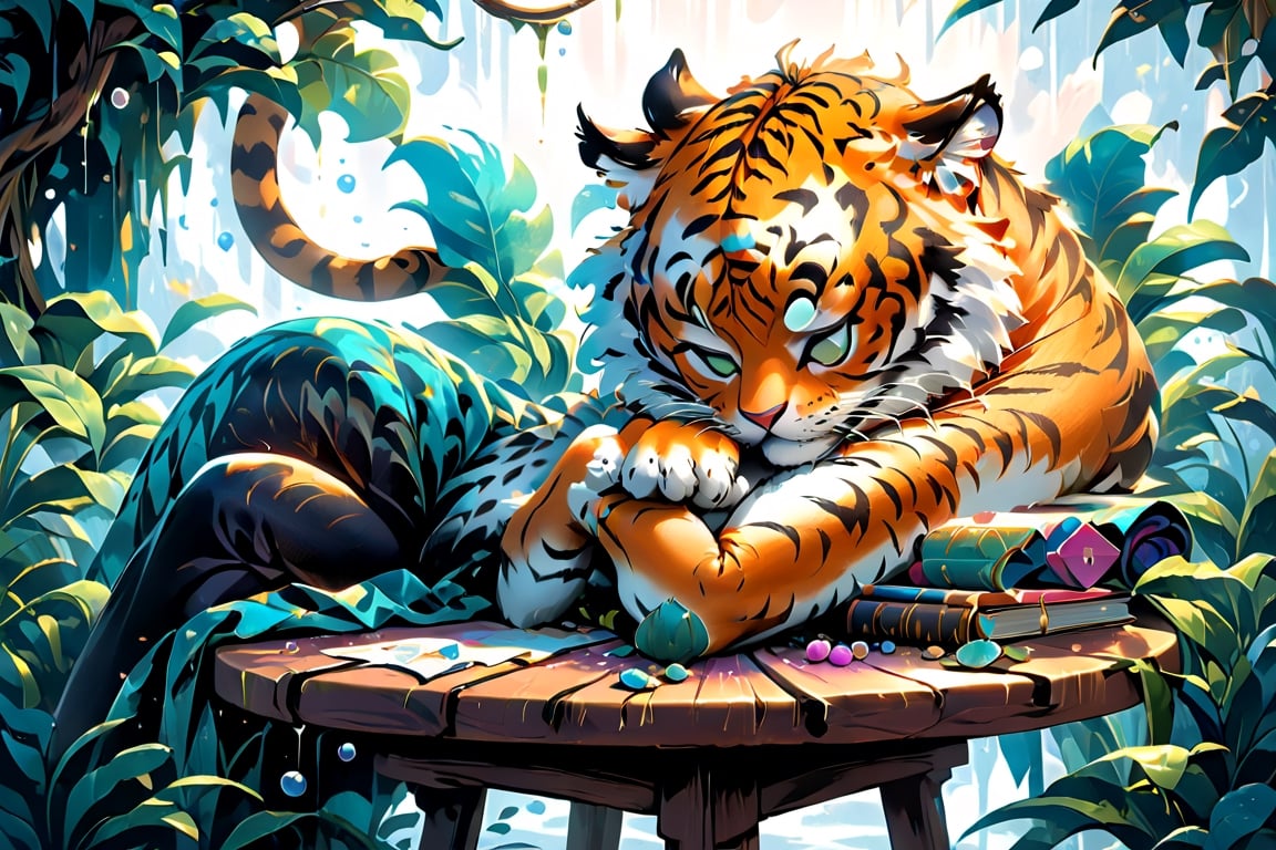 In the style of digital illustration, envision a tiger man peacefully napping with his head resting on a table, inspired by the whimsical and surreal world of Salvador Dali, where reality intertwines with dreams, featuring vibrant colors and surreal elements to add a touch of magic to the scene.

300 DPI, HD, 8K, Best Perspective, Best Lighting, Best Composition, Good Posture, High Resolution, High Quality, 4K Render, Highly Denoised, Clear distinction between object and body parts, Masterpiece, Beautiful face, 
Beautiful body, smooth skin, glistening skin, highly detailed background, highly detailed clothes, 
highly detailed face, beautiful eyes, beautiful lips, cute, beautiful scenery, gorgeous, beautiful clothes, best lighting, cinematic , great colors, great lighting, masterpiece, Good body posture, proper posture, correct hands, 
correct fingers, right number of fingers, clear image, face expression should be good, clear face expression, correct face , correct face expression, better hand position, realistic hand position, realistic leg position, no leg deformed, 
perfect posture of legs, beautiful legs, perfectly shaped leg, leg position is perfect,
,2d game scene