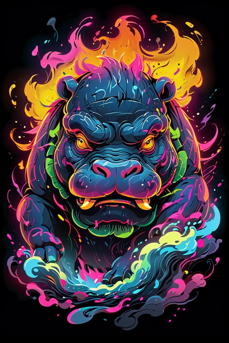 stamp vector for t-shirt, Hippo character, strong lines, lit neon palette, neo-traditional, badass, hipster, graffiti, underground, badass, noir