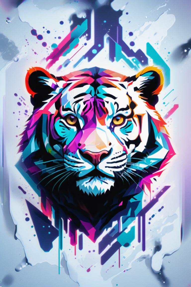 Geometric, minimalist, symmetrical, logo design of colorful tiger .vector, white backgound --v 4, purple, pink, blue, light blue, red, light gray, metallic colors ,Leonardo Style,darkart,ghost person