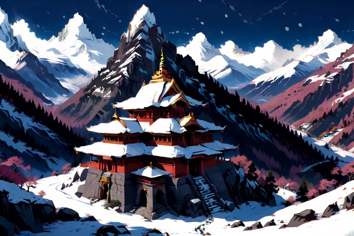 Mountain hindu temple in snowy landscape, indian style, illustration style,chica anime 