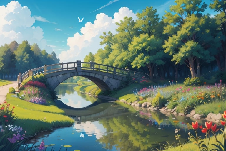 flower, outdoors, sky, day, cloud, water, tree, blue sky, no humans, grass, bug, butterfly, nature, scenery, bridge, river, pond