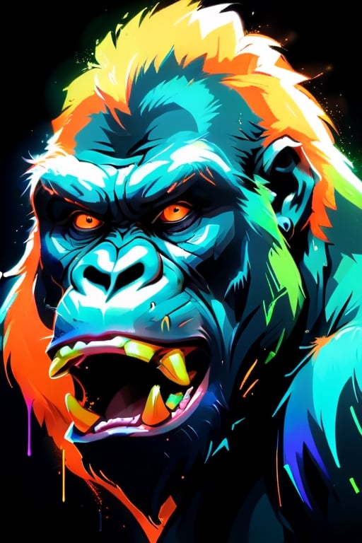 Gorilla seen in angry profile, opening his snout, in neon colors, orange, green, blue, on a black background,darkart