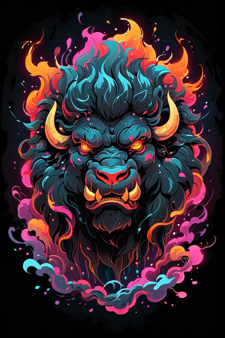 stamp vector for t-shirt, bison character, strong lines, lit neon palette, neo-traditional, badass, hipster, graffiti, underground, badass, noir