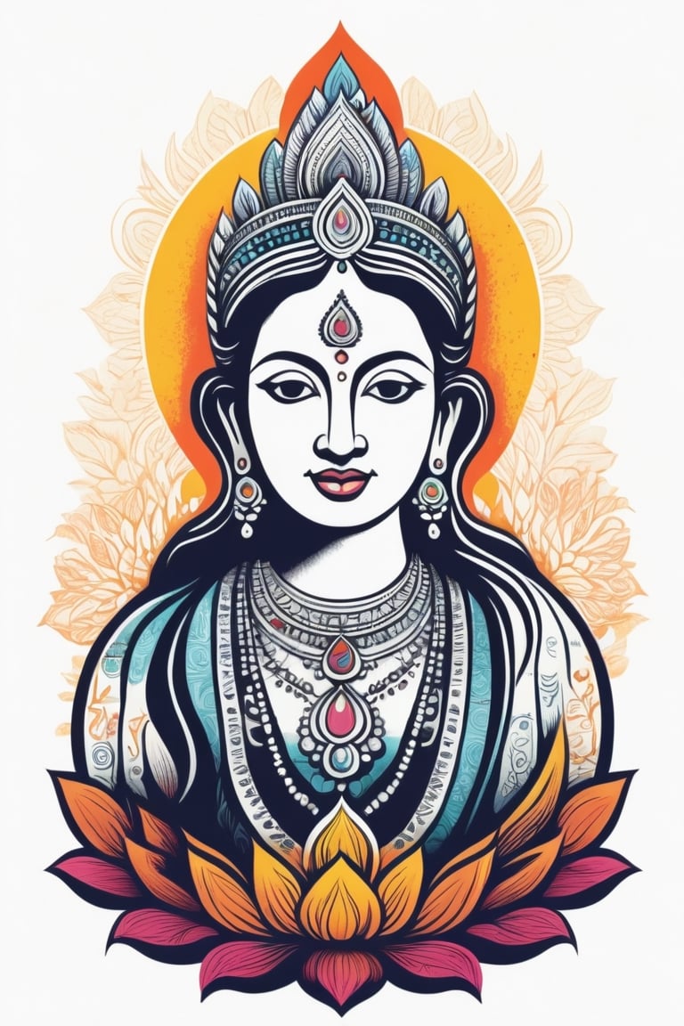 Vintage tshirt print design (on a white background:1.2), Retro Silhouette drawing of a indian Lakshmi idol from the front, with colors ink pop art blackground,delicate,filigram,centered,intricate details,high resolution,4k, illustration style,Leonardo Style