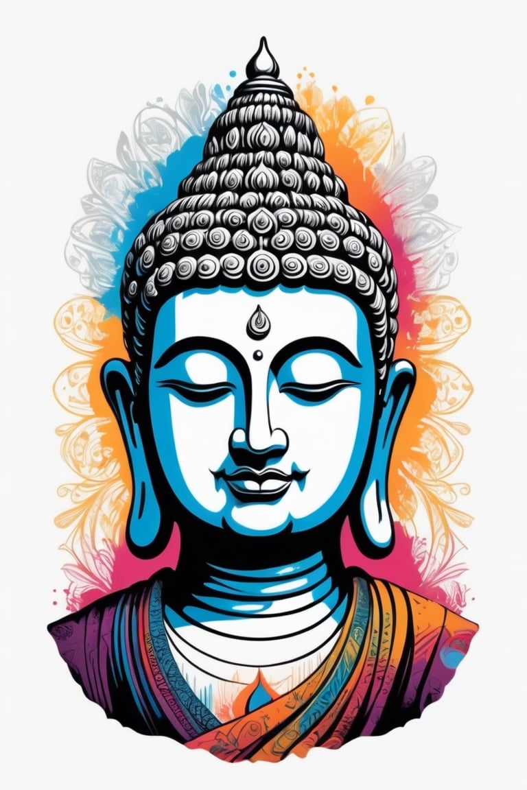 Vintage tshirt print design (on a white background:1.2), Retro Silhouette drawing of a indian Buddha idol from the front, with colors ink pop art blackground,delicate,filigram,centered,intricate details,high resolution,4k, illustration style,Leonardo Style