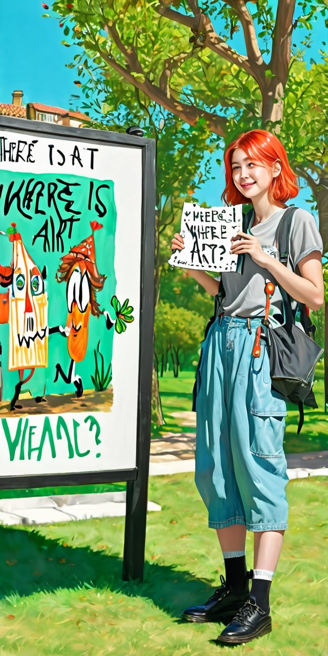 (masterpiece, best quality, ultra-detailed, 8K),high detail,
a young student model, with perfect female body,slim,green iridiscent eyes,orange hair,holding her Poster with the text ("Where Is Art?":1.6), in an orchard ,kind simile,bliss,joyful,cute,charming,,colorful,modelshoot style,