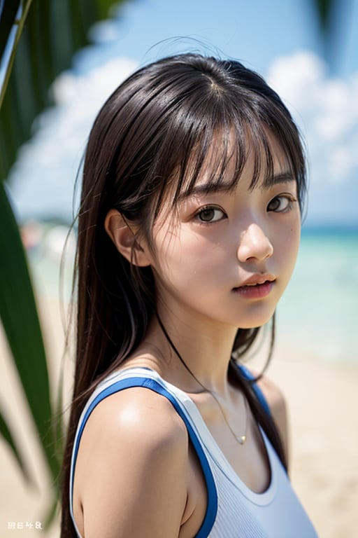 photo of a Top model Taiwanese teenage, smooth soft skin,  symmetrical, at summer, whole body, at the beach, perfect detail ,  looking at viewer, make up,
soft lighting, highly detailed face, from side, photo realistic, (looking into camera:1.7), HDR