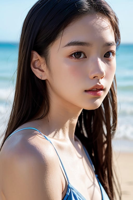 photo of a Top model Taiwanese teenage, smooth soft skin,  symmetrical, at summer, whole body, at the beach, perfect detail ,  looking at viewer, make up,
soft lighting, highly detailed face, from side, photo realistic, (looking into camera:1.7), HDR