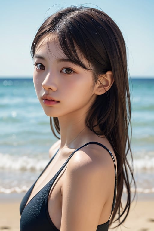 photo of a Top model Taiwanese teenage, smooth soft skin,  symmetrical, at summer, whole body, at the beach, perfect detail ,  looking at viewer, make up,
soft lighting, highly detailed face, from side, photo realistic, (looking into camera:1.7), HDR