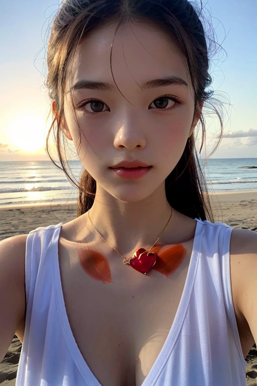 photo of a Top model Taiwanese teenage, smooth soft skin,  symmetrical, at summer, whole body, at the beach, perfect detail ,  looking at viewer, make up,
soft lighting, highly detailed face, from side, photo realistic, (looking into camera:1.7), HDR