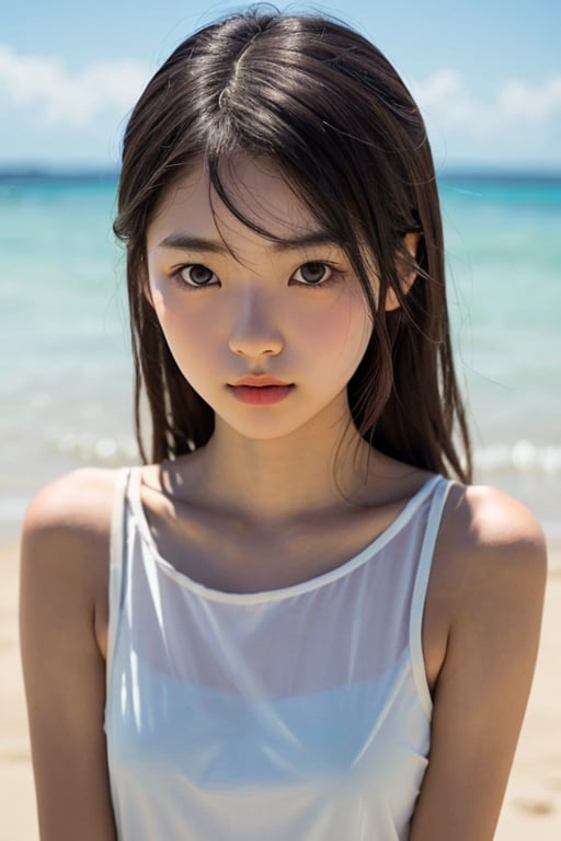 photo of a Top model Taiwanese teenage, smooth soft skin,  symmetrical, at summer, whole body, at the beach, perfect detail ,  looking at viewer, make up,
soft lighting, highly detailed face, from side, photo realistic, (looking into camera:1.7), HDR