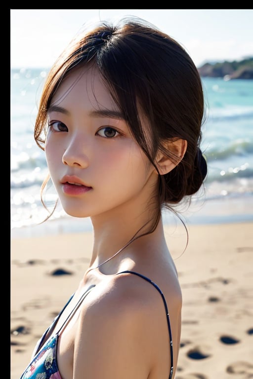 photo of a Top model Taiwanese teenage, smooth soft skin,  symmetrical, at summer, whole body, at the beach, perfect detail ,  looking at viewer, make up,
soft lighting, highly detailed face, from side, photo realistic, (looking into camera:1.7), HDR